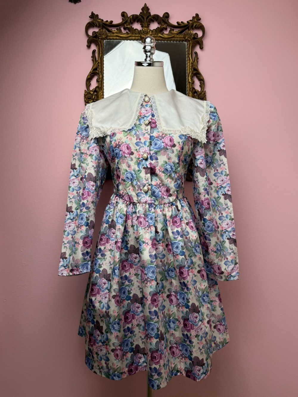 Vintage 90s Floral Pilgrim Bib Collar Long Sleeve Dress 16.5